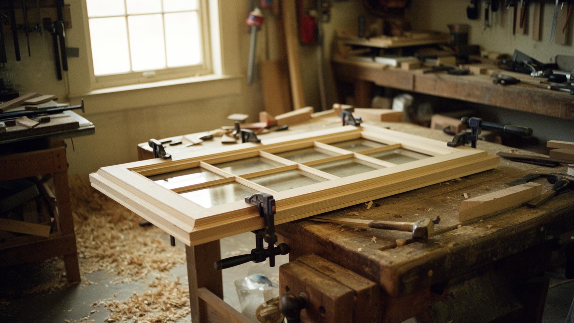 Workshop interior with antique tools, wood shavings, and a Victorian window casing being restored